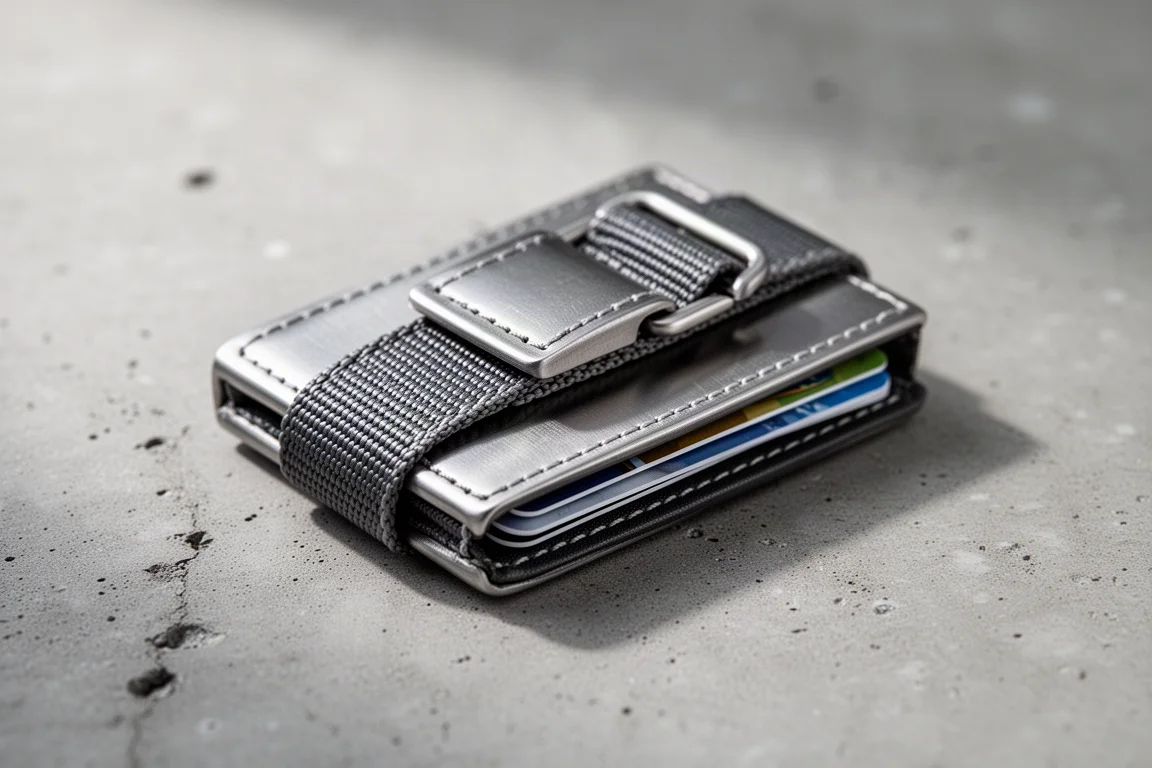 Compact stainless steel card wallet with adjustable webbing on a grey backdrop