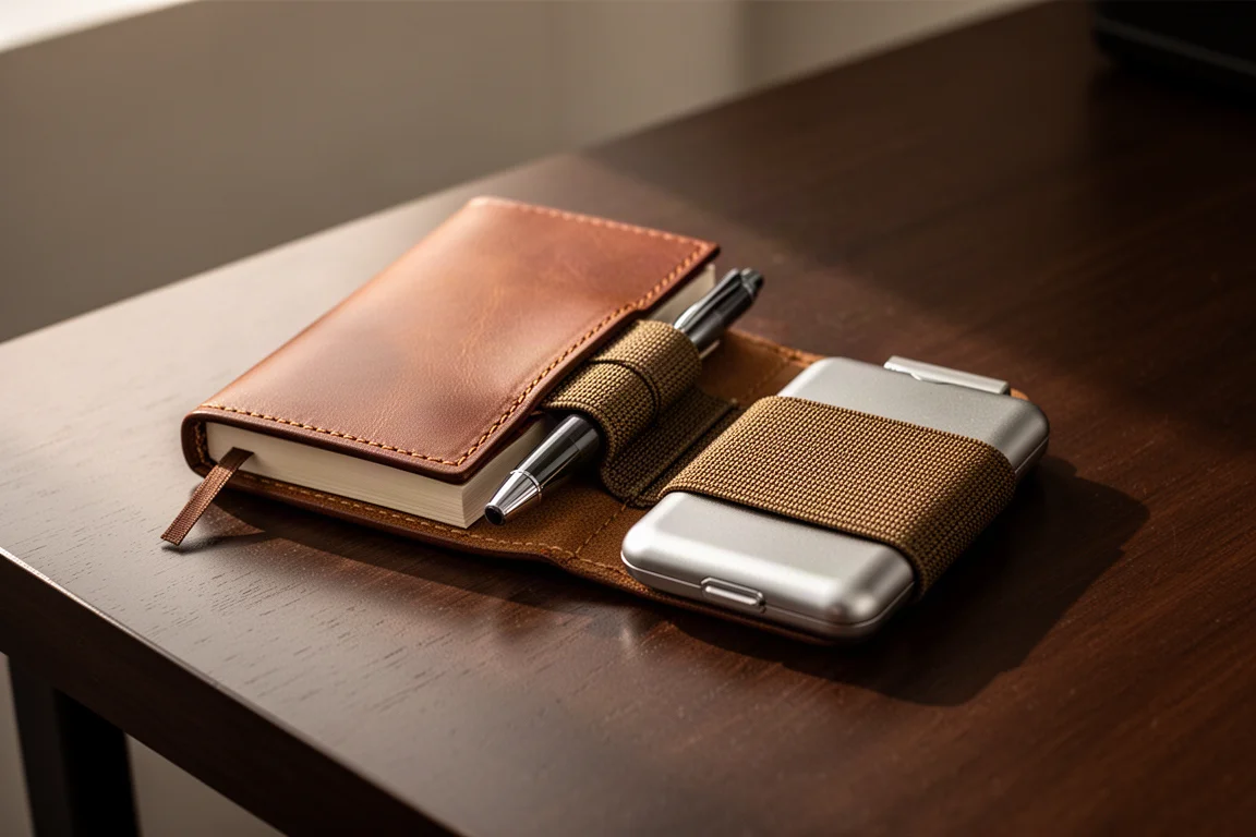 Leather notebook with pen sleeve attached to a metal card wallet on a desk