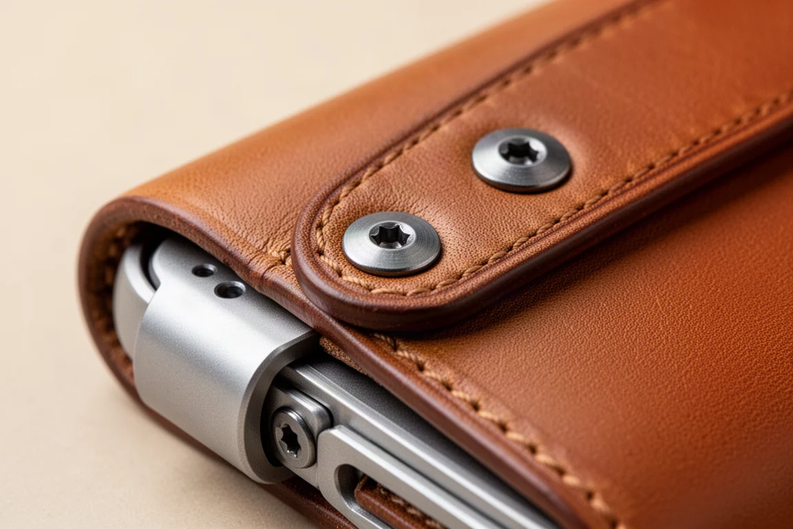 Close-up of a leather strap wallet with screws and a metal cover plate on stone