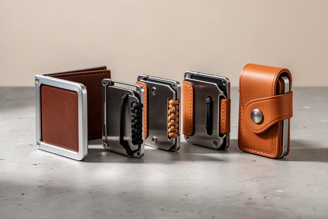 Eine Reihe minimalistischer Wallets aus Metall und Leder auf einer matten Betonoberfläche