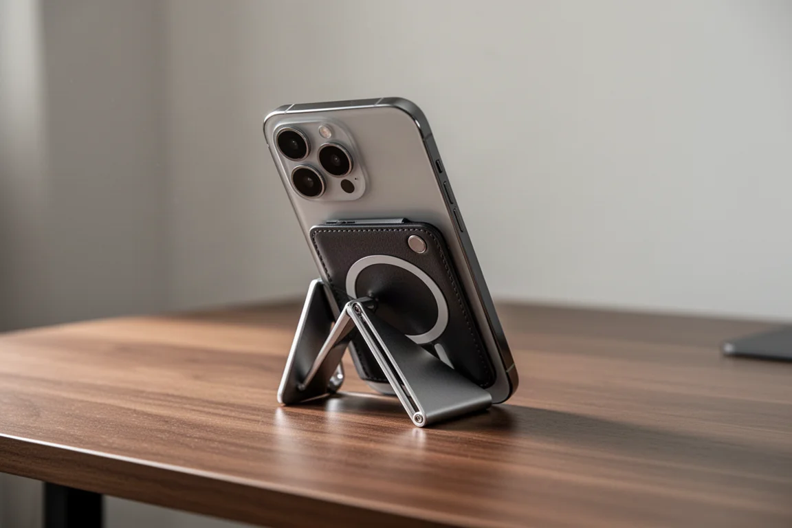 Suporte da carteira sustentando um smartphone sobre uma mesa de madeira