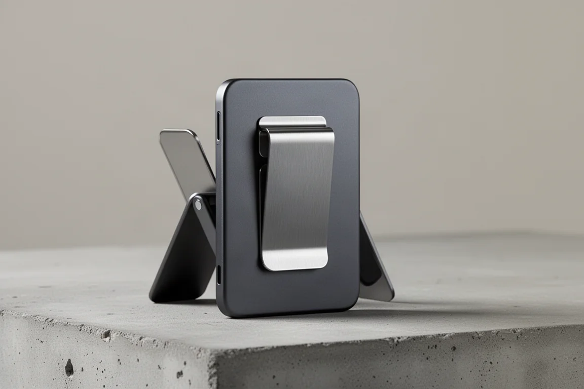 Dunkelgraue aluminiumene MagSafe-Geldbörse mit Geldklammer aus Edelstahl und ausgeklapptem Ständer