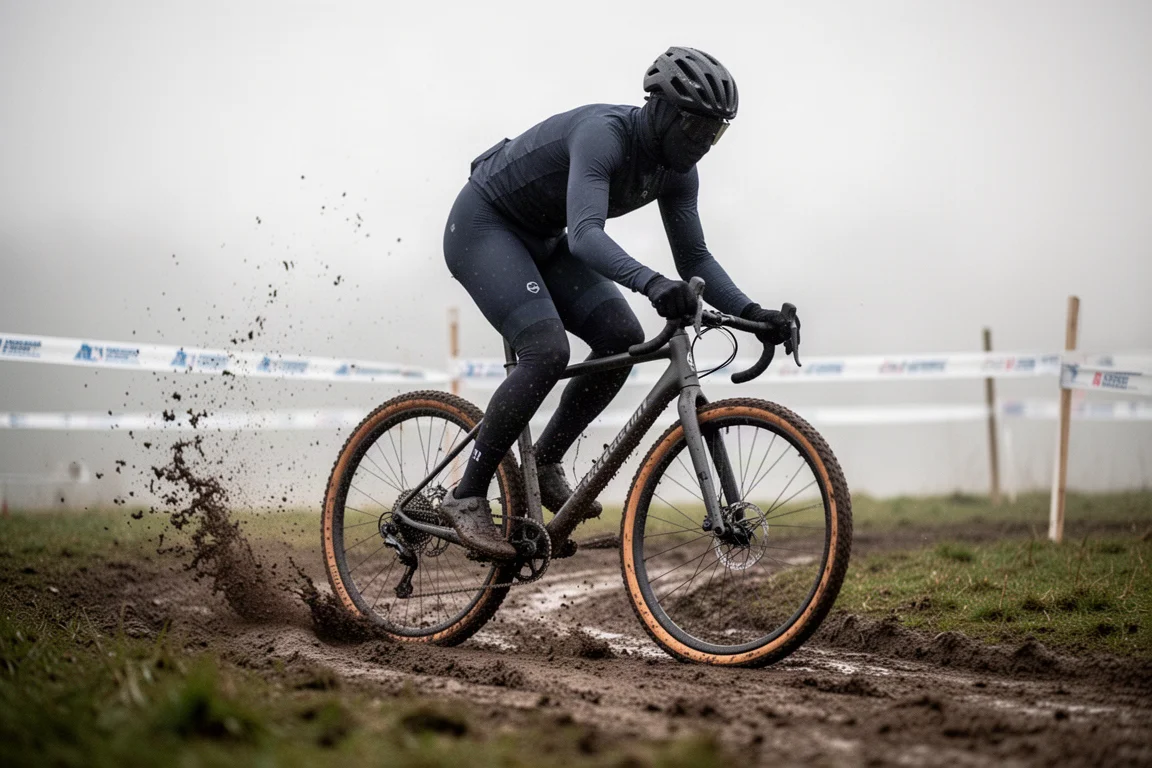 Ciclista pedalando uma bike de ciclocross em uma curva fechada e lamacenta