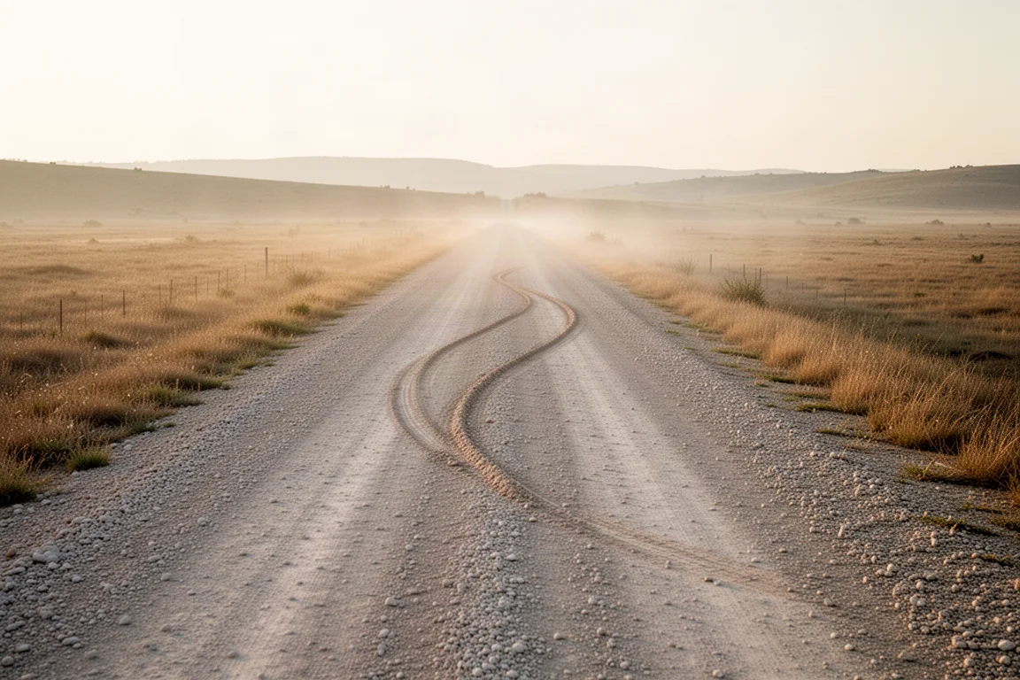 Estrada de gravel reta ao amanhecer, com marcas de pneus e poeira suspensa no ar