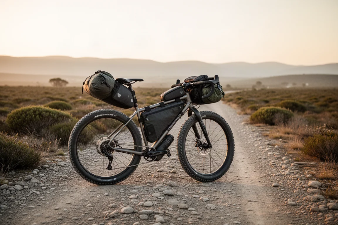 Fietser op een beladen gravelbike met racestuur klimt bij zonsopgang over een ruw gravelpad