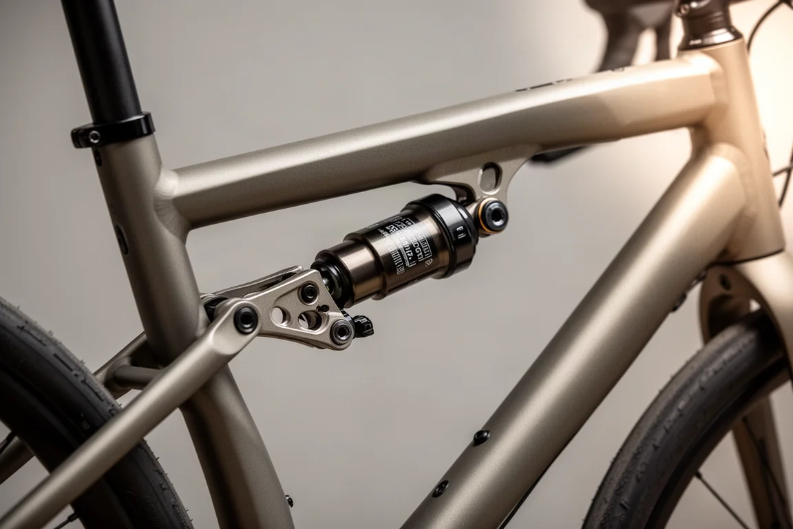 Close-up van de linkage van de achterschokdemper en een verende vork die inveren op rotsachtig gravel