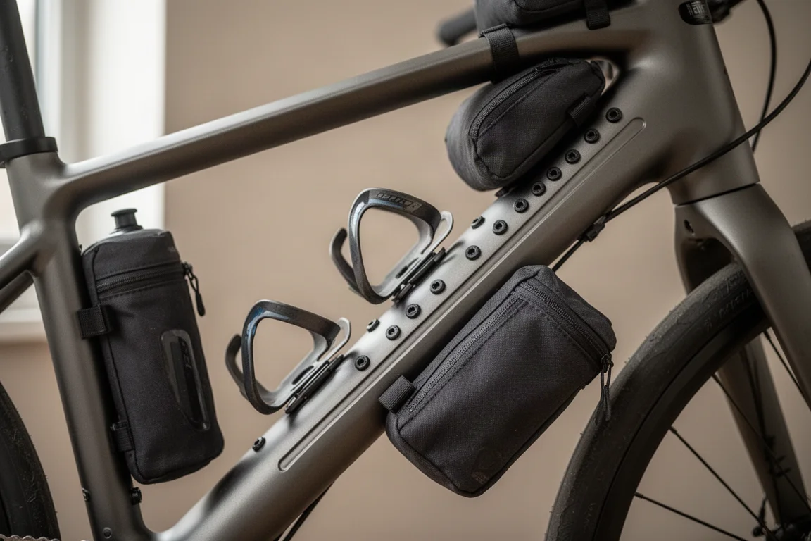 Bikepackingtassen op het frame van een gravelbike met racestuur, naast een tent op de camping