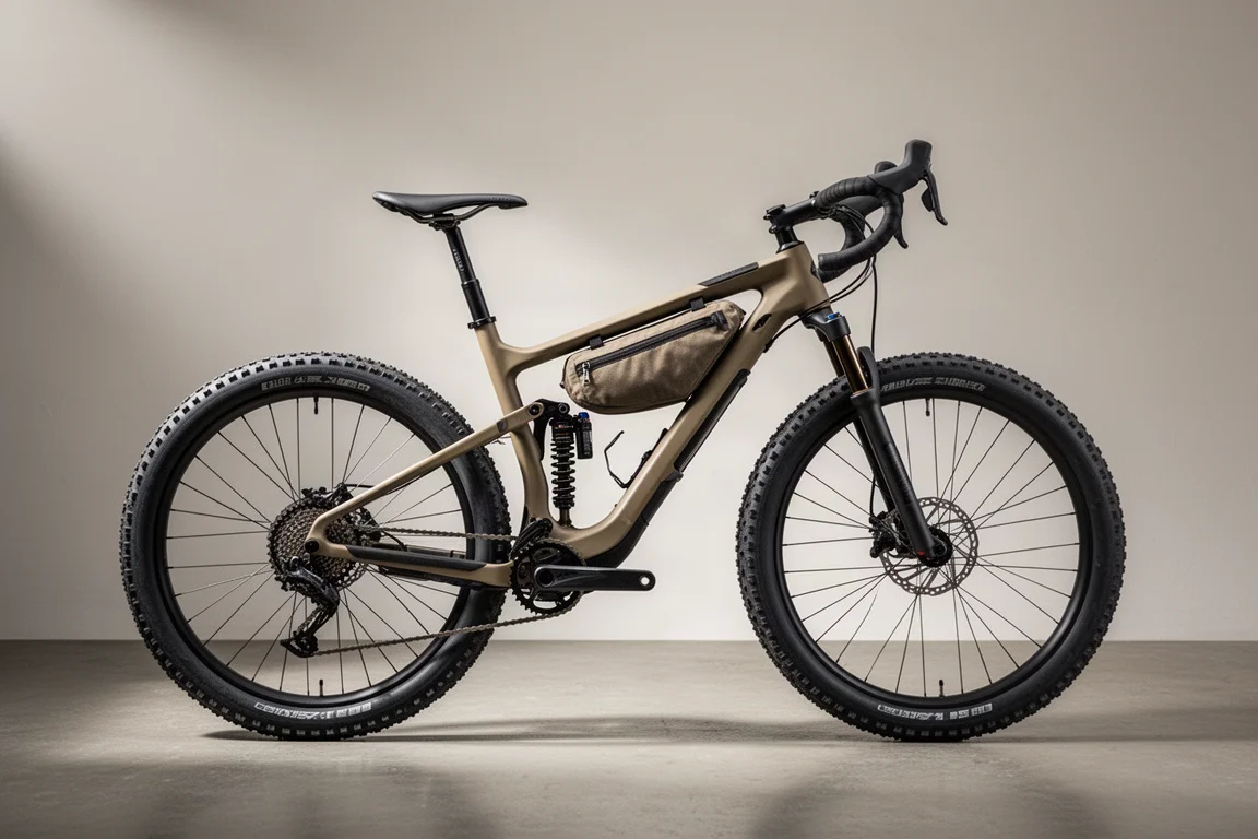 Full-suspension gravelbike met racestuur en flare-stuur op een betonnen ondergrond