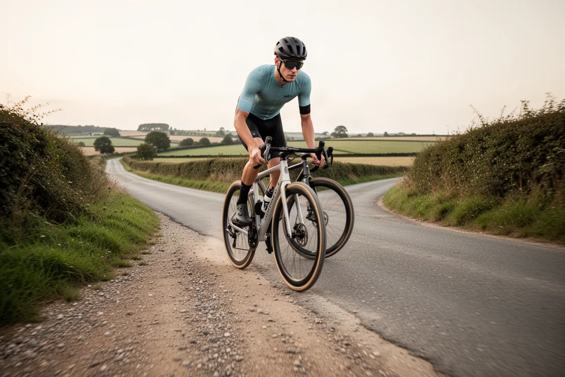 Gravel cyclist riding a mixed route of smooth gravel and quiet tarmac