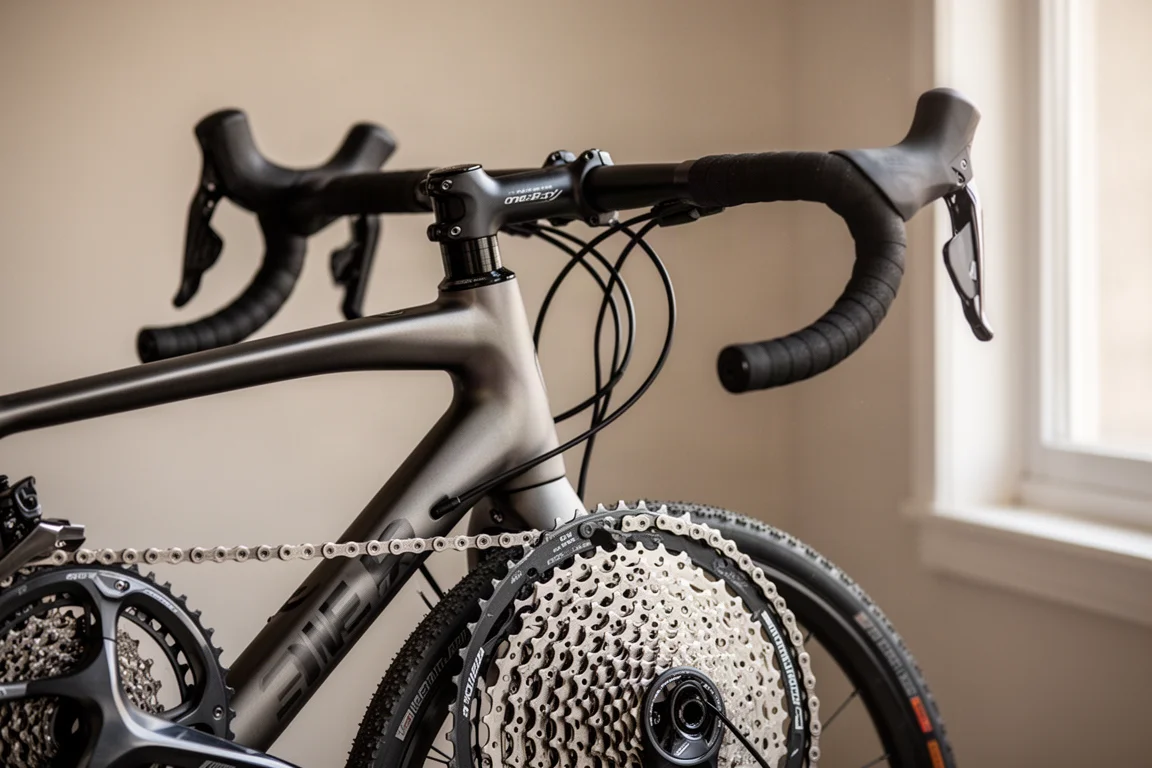 Close-up of a one-by gravel drivetrain and wide drop handlebar