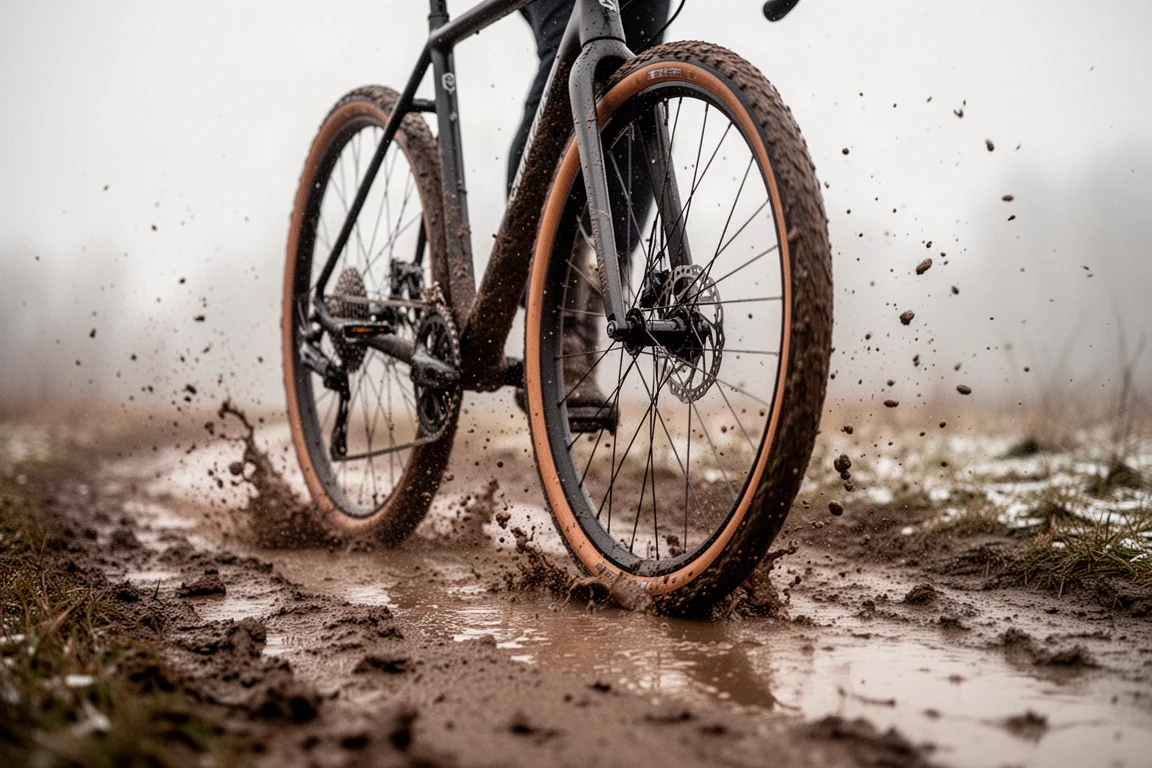 Gravel bike with slick tyres struggling through thick winter mud