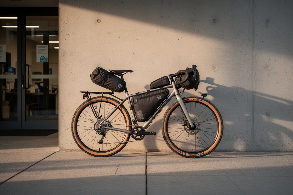 Loaded gravel bike parked outside a workplace before an evening ride