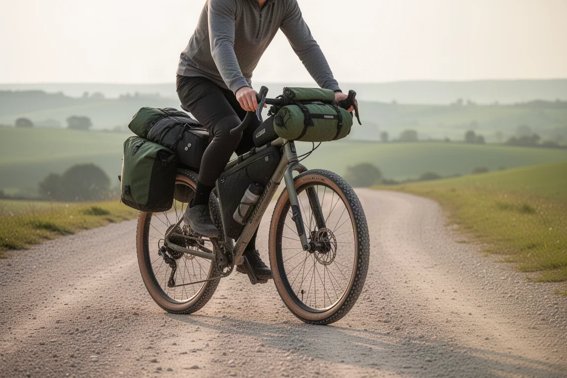 Rider on a loaded gravel adventure bike on a sunlit countryside gravel track