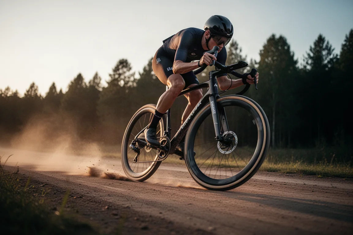 Gravel race bike cornering fast on a dirt road at golden hour with dust behind