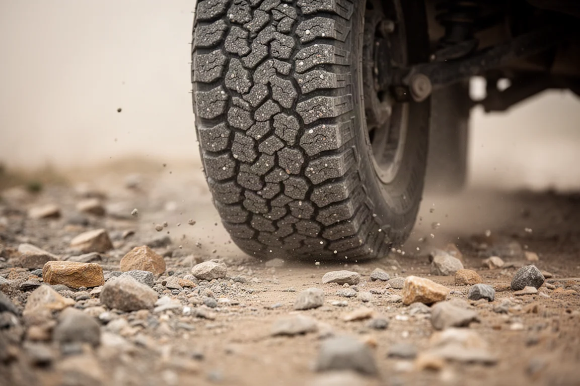 Close-up of a wide knobby gravel tyre rolling over rough stony ground