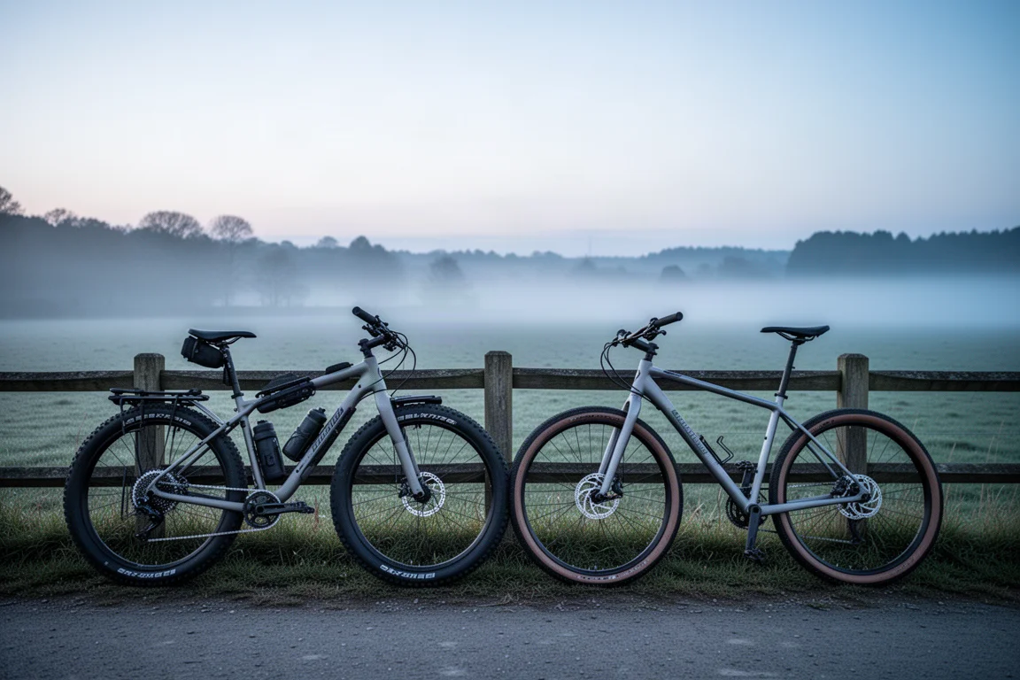 Two gravel bikes parked at a misty trailhead at dawn