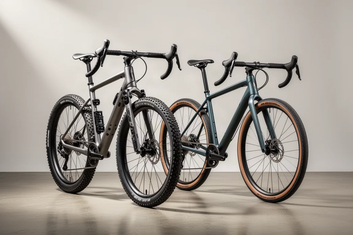 Adventure-gravelfiets en race-gravelfiets naast elkaar in een heldere studio-opstelling