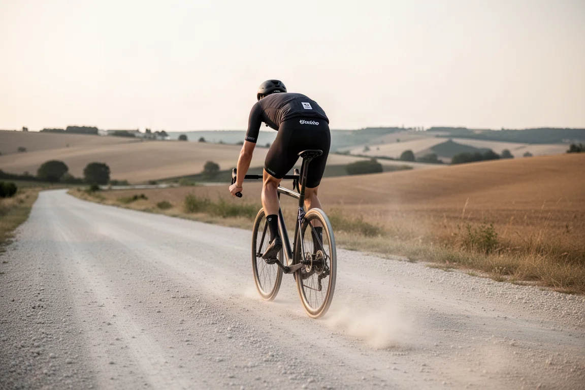 gravel 車手在寬闊的碎石路上高速飛馳，身後揚起塵土