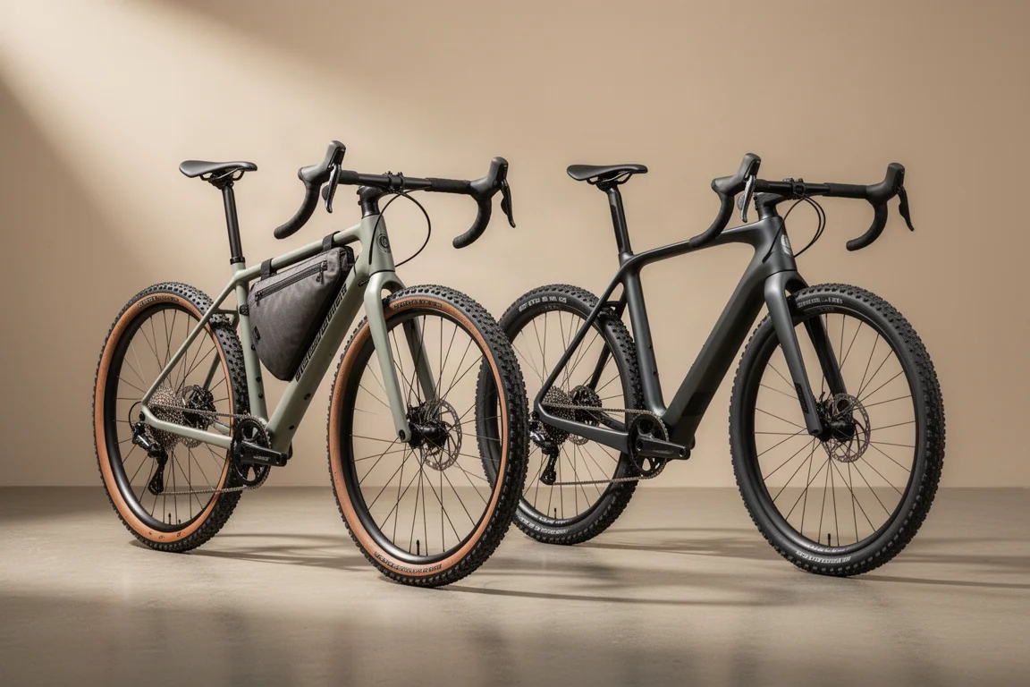 Adventure-gravelbike en aerodynamische gravelracefiets naast elkaar op een betonnen ondergrond