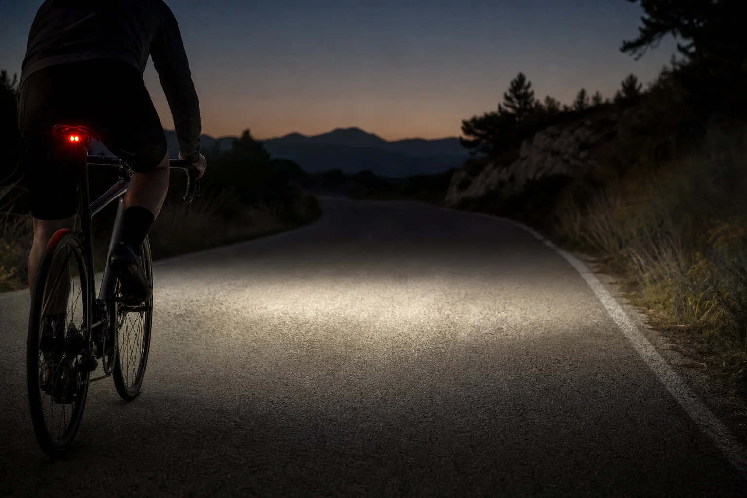 Radfahrer auf einem dunklen Weg mit fokussiertem Scheinwerferlicht, das die Straße ausleuchtet