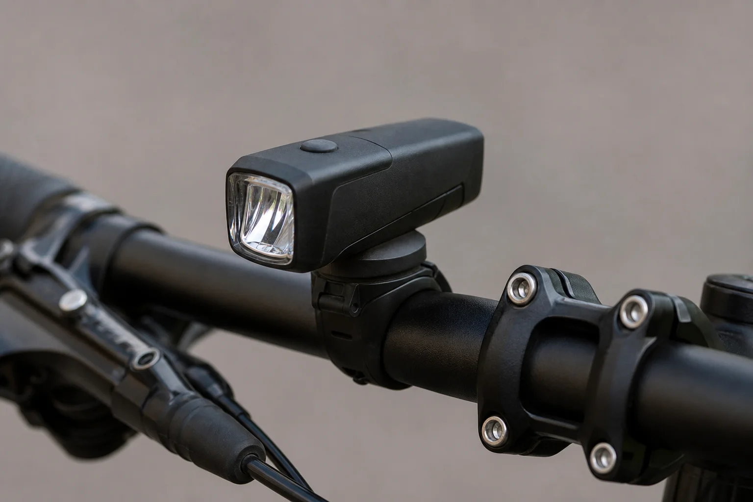 Nahaufnahme einer am Lenker montierten Fahrradlampe mit Blendr-Befestigungssystem