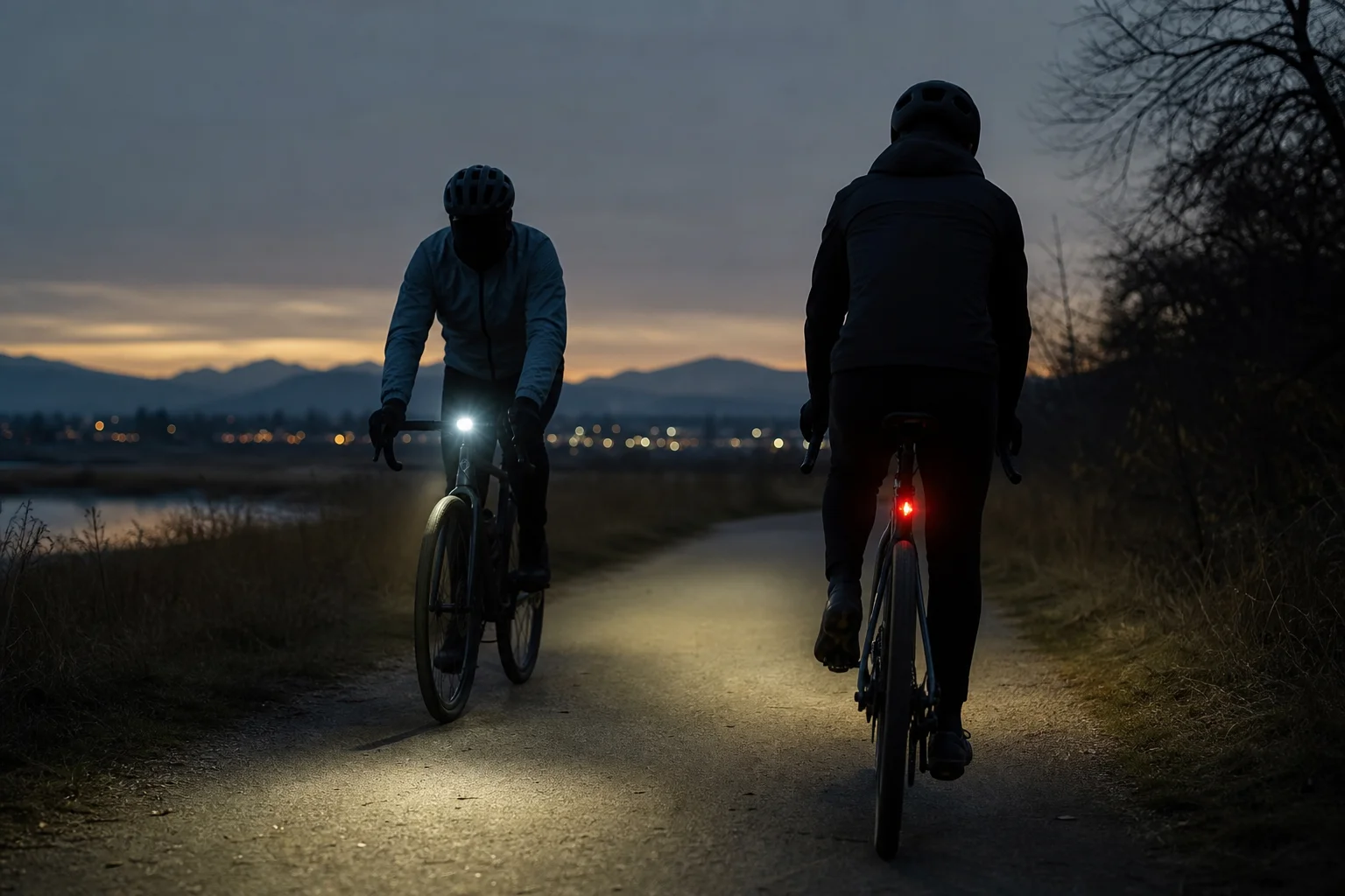 Zwei Radfahrer begegnen sich mit korrekt ausgerichteten Fahrradlichtern ohne Blendwirkung