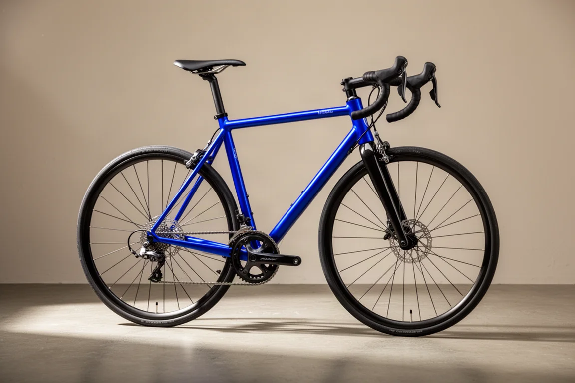 Royal blue aluminium road bike with carbon fork and rim brakes on a concrete floor