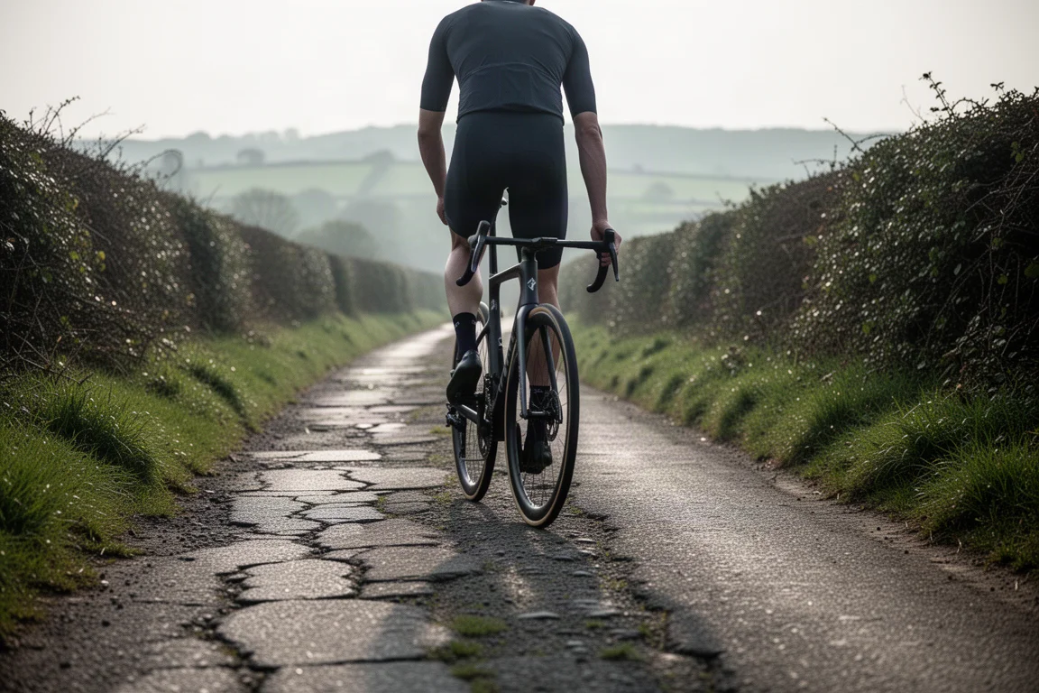 Rural chip-seal lane in morning mist with a cyclist riding away in the distance