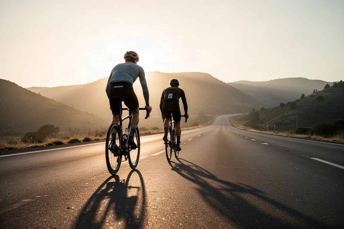 Overhead flat-lay of road cycling gear on pale concrete