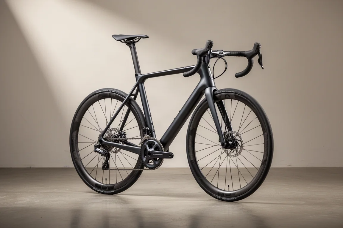 Bici da strada endurance in carbonio con manubrio drop riser su cemento opaco in luce da studio