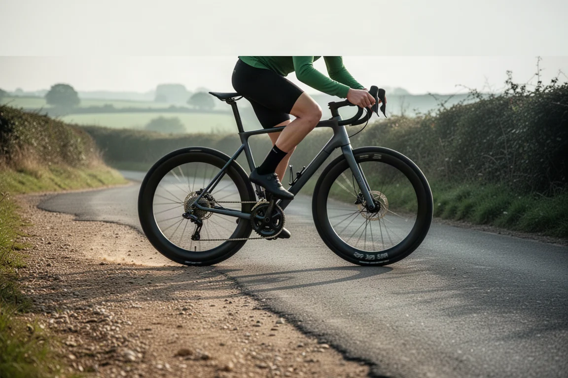 Endurance road bike leaning against a concrete wall beside an empty coastal road at dawn