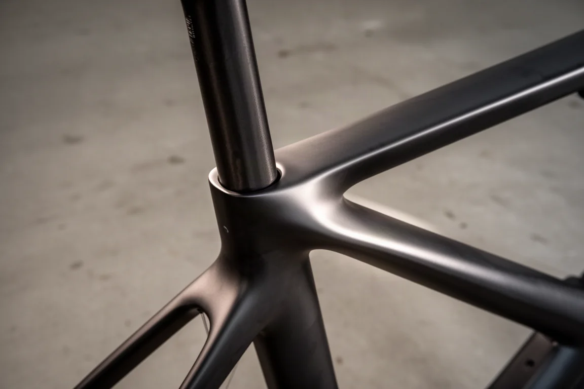 Close-up of a road bike seat cluster with a wide road tire on dark tarmac