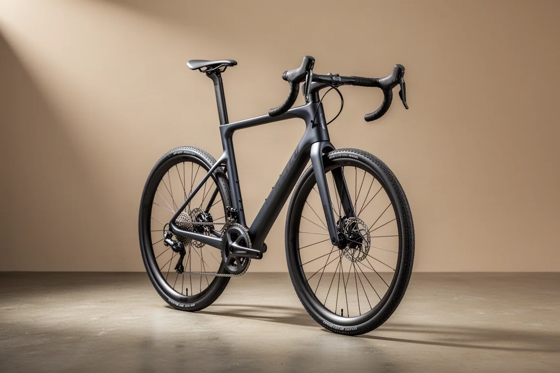 Modern endurance road bike with carbon frame and disc brakes on a light grey backdrop