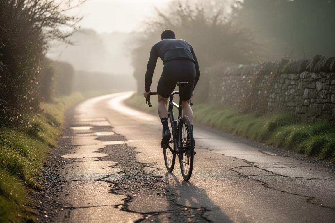 Ciclista pedaleando en una bicicleta de carretera por una carretera abierta de campo al amanecer