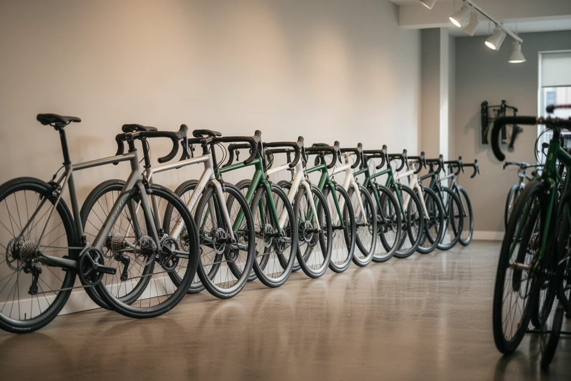Interior de una tienda de bicicletas con bicicletas de carretera alineadas bajo una iluminación cálida