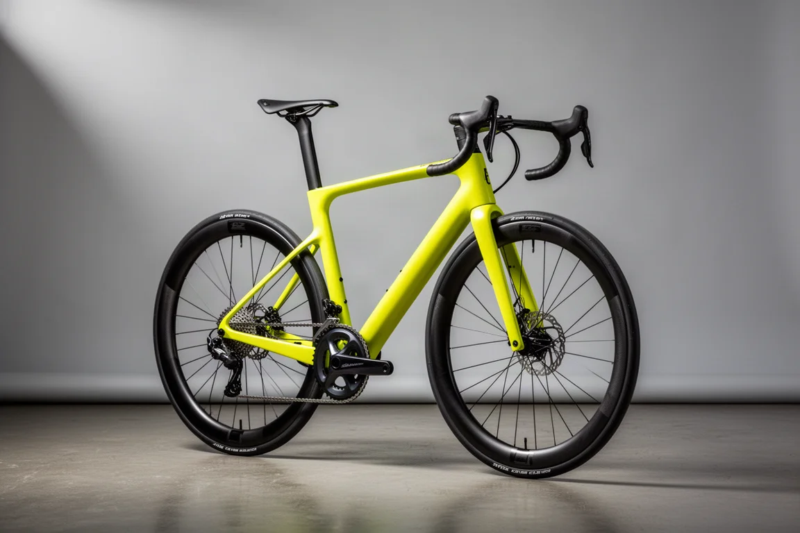Fel geelgroene carbon endurance-racefiets in profiel gefotografeerd op een betonnen vloer