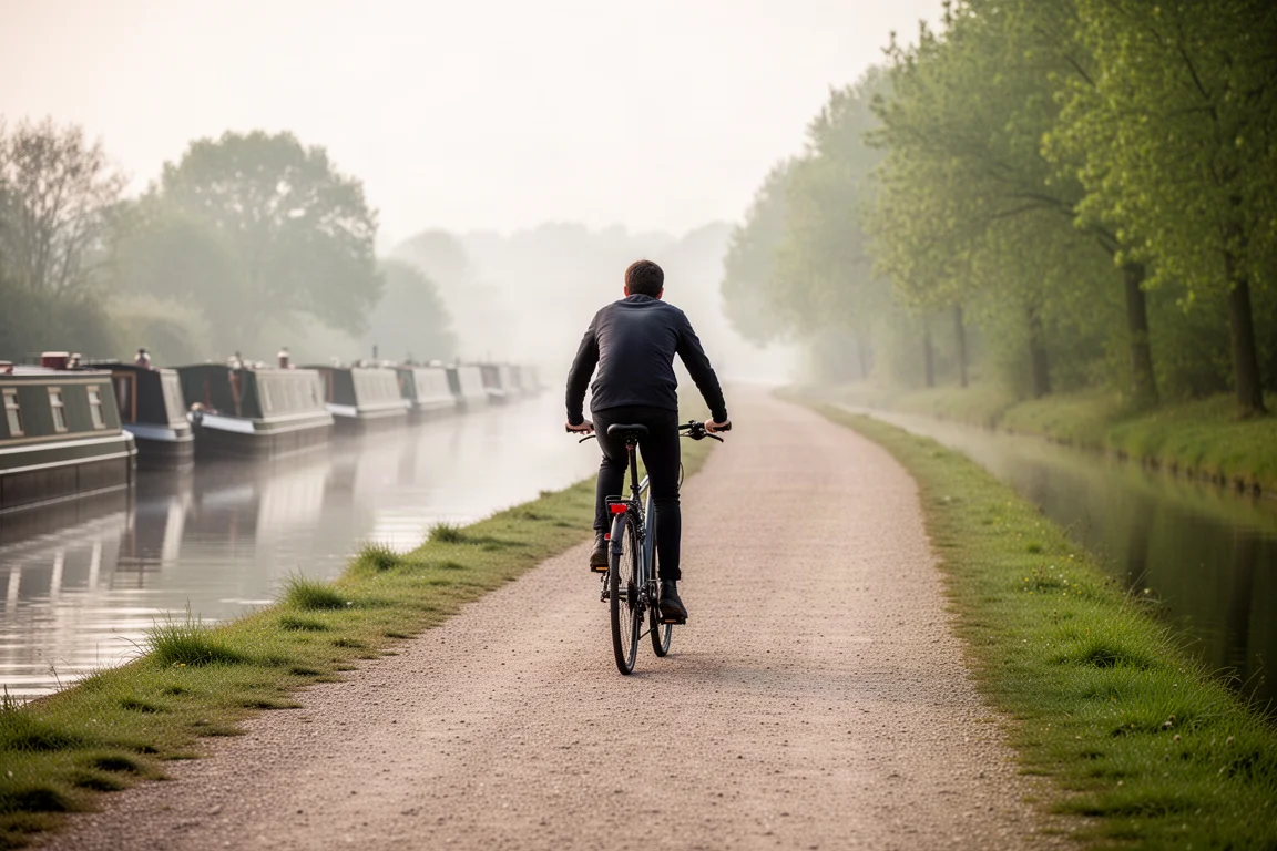 Ciclista su una bici ibrida con manubrio dritto lungo un sentiero sterrato pianeggiante lungo il canale nella luce del mattino