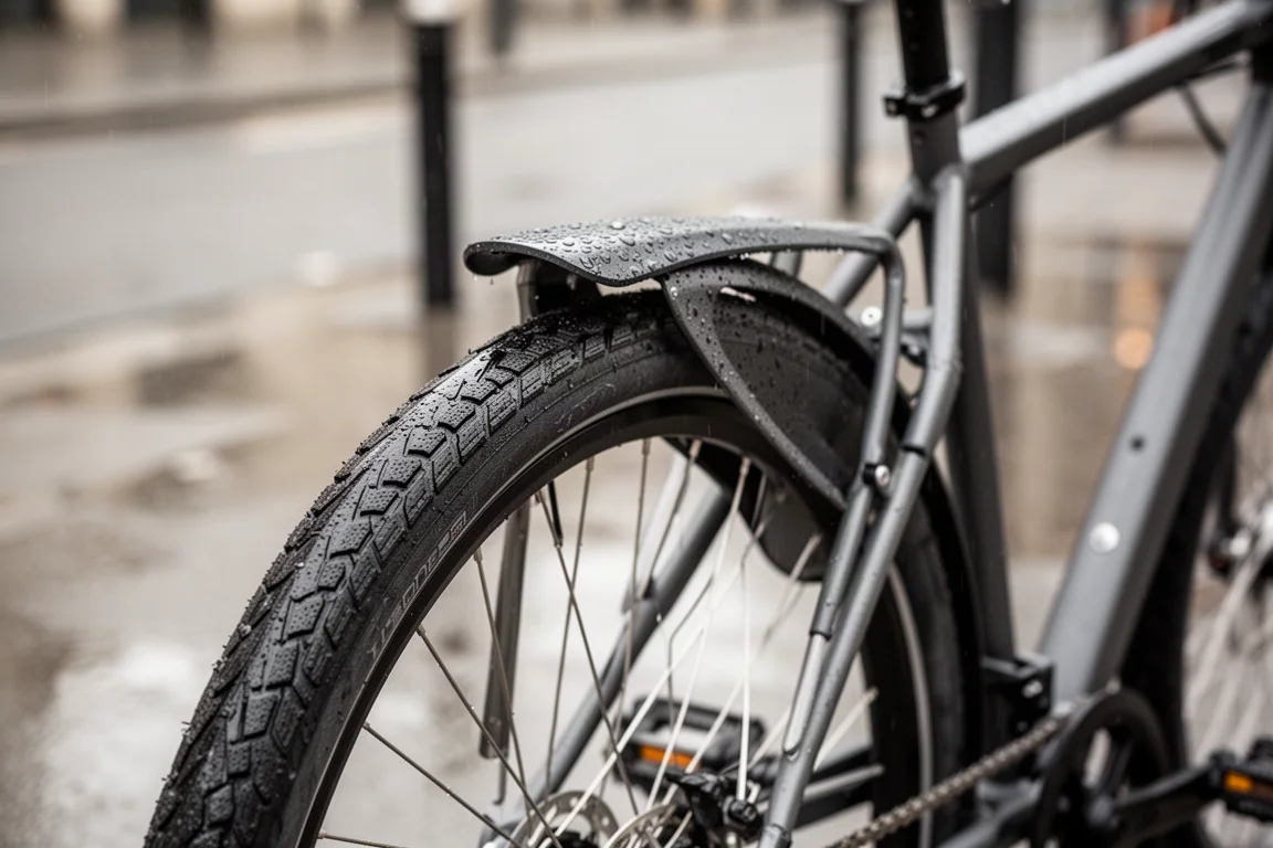 Primo piano di uno pneumatico largo da bici ibrida e di un parafango sottile su asfalto cittadino bagnato