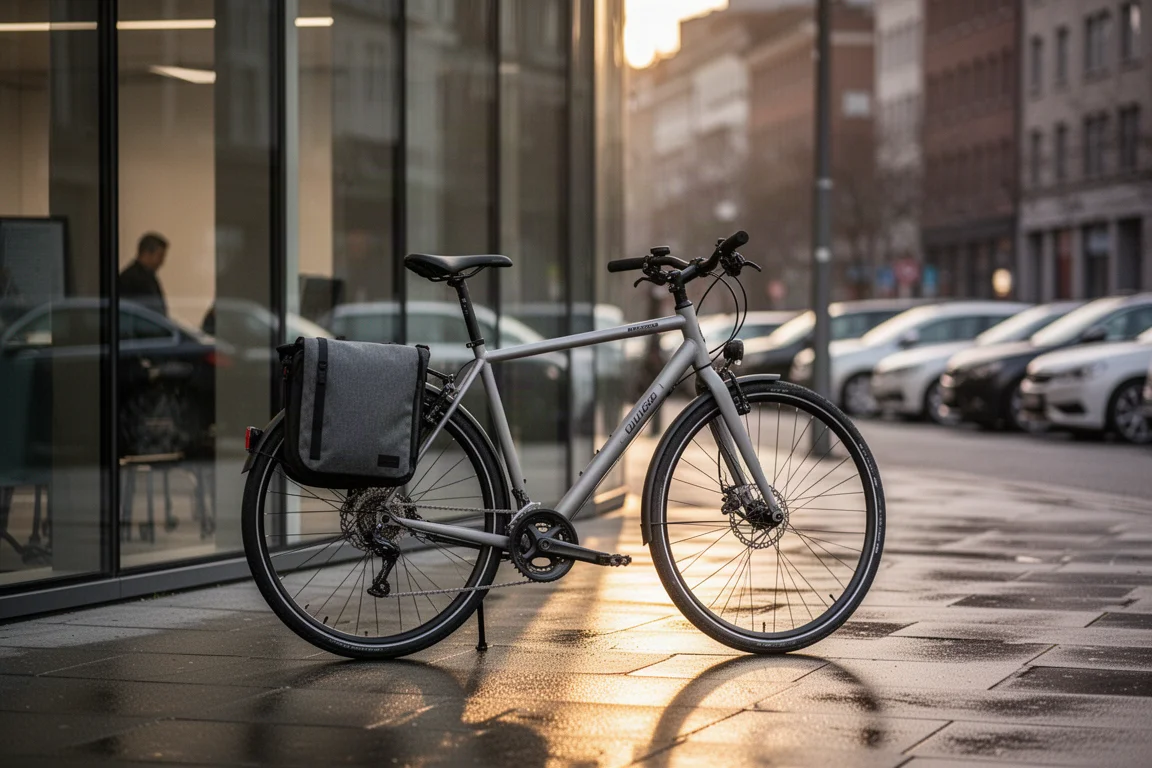 Bici ibrida da pendolarismo con borsa laterale parcheggiata davanti a un edificio per uffici nella luce serale