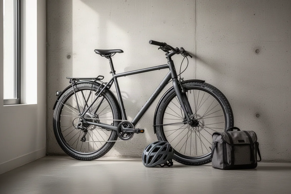 Bicicletta ibrida da pendolarismo appoggiata a un muro di cemento con casco e borsa laterale