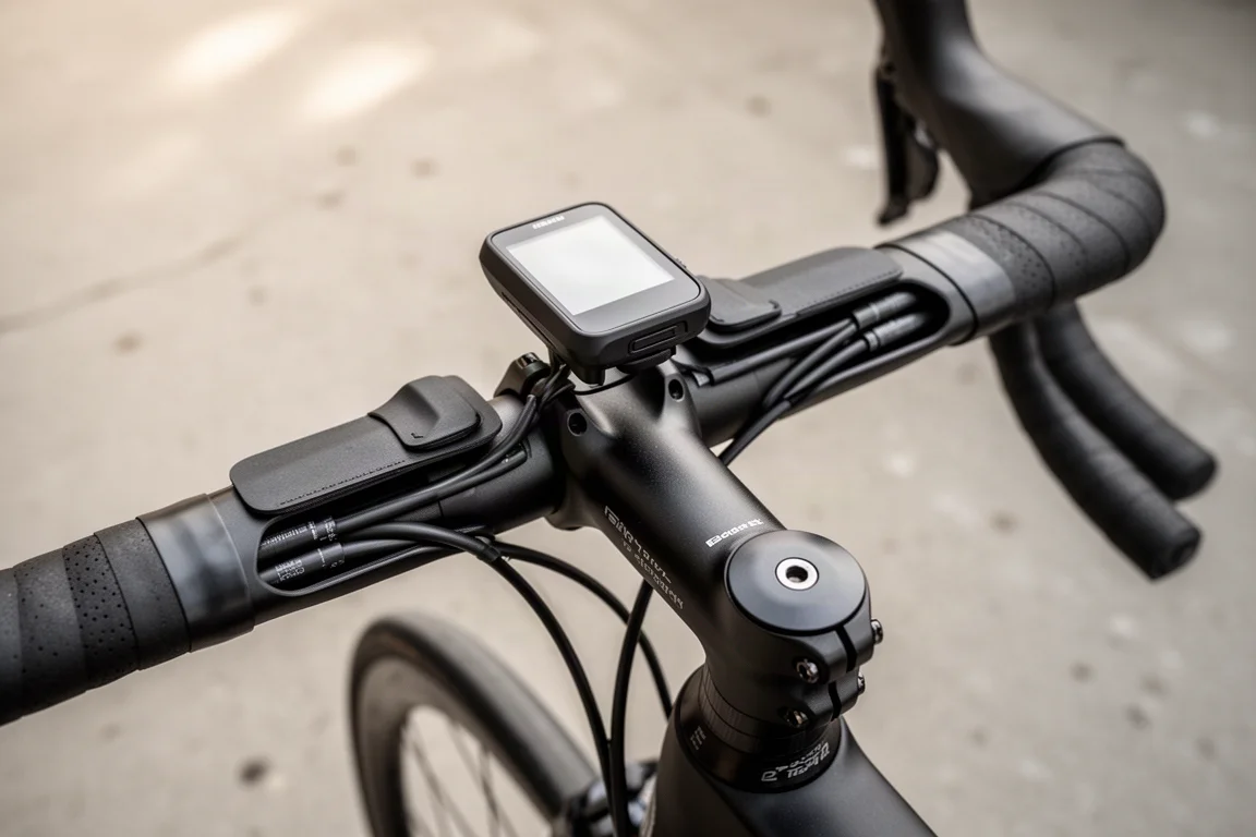 Close-up van een geïntegreerd racefietsstuur met externe leidinggoot en computerhouder