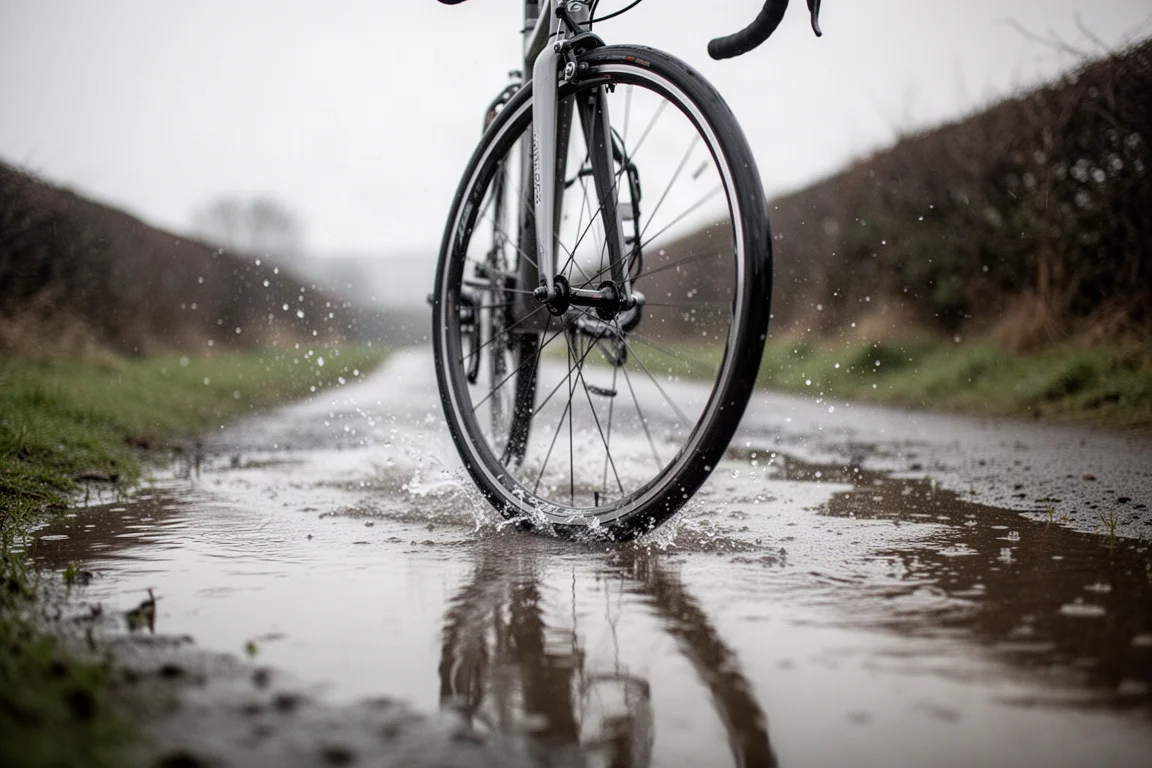 Racefietswiel rolt door water op een natte landweg in de winter