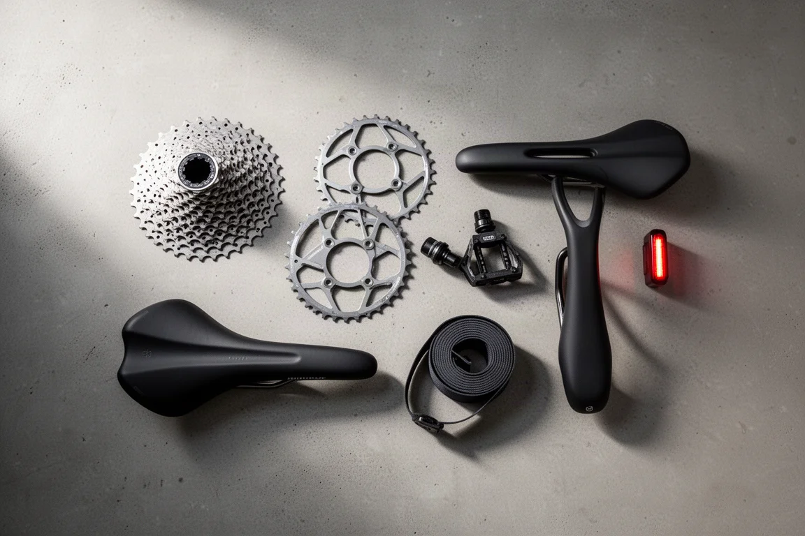 Flat lay van racefietsonderdelen waaronder cassette, zadel, pedalen en stuurlint op beton