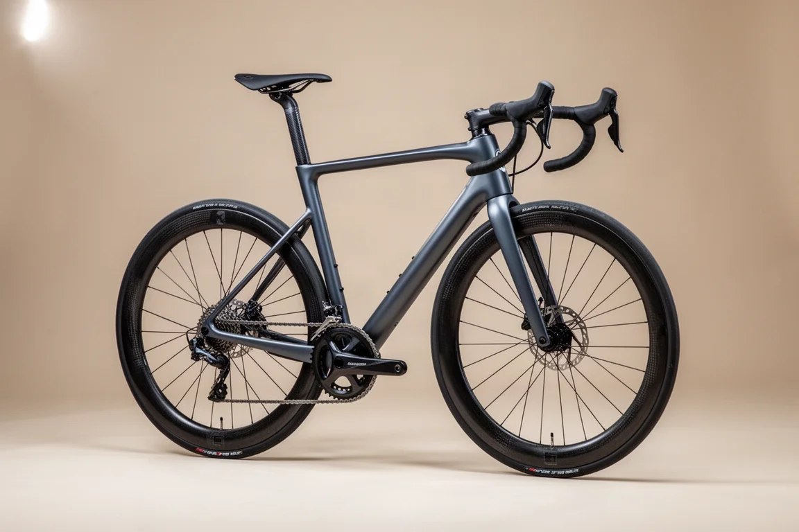 Aangepaste aluminium racefiets met carbon-spaakwielen en geïntegreerde cockpit op neutrale achtergrond