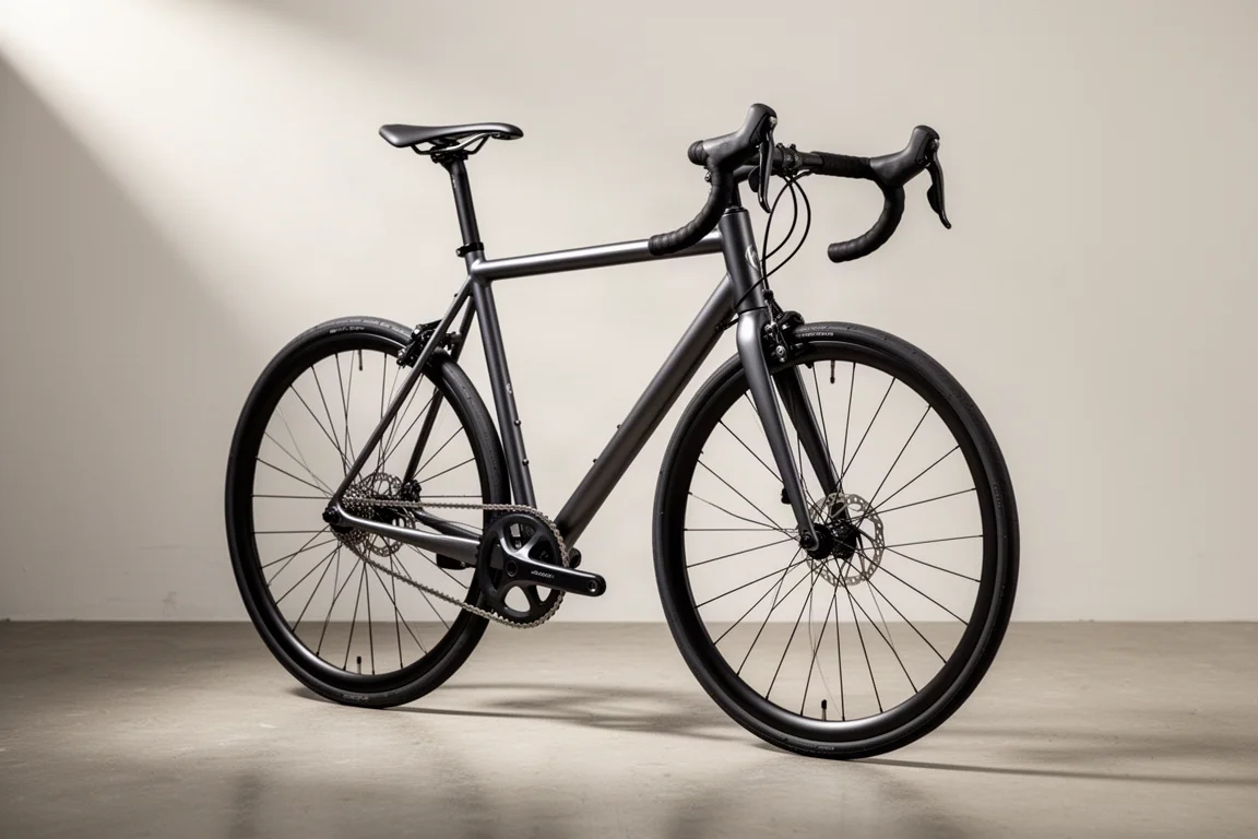 Lightweight alloy road bike with matte gray-black finish on a neutral backdrop