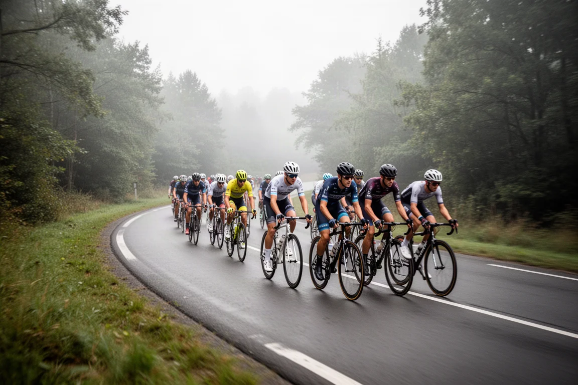 Amatörgrupp i landsvägsracing som cyklar genom en trädkantad kurva i morgonljus