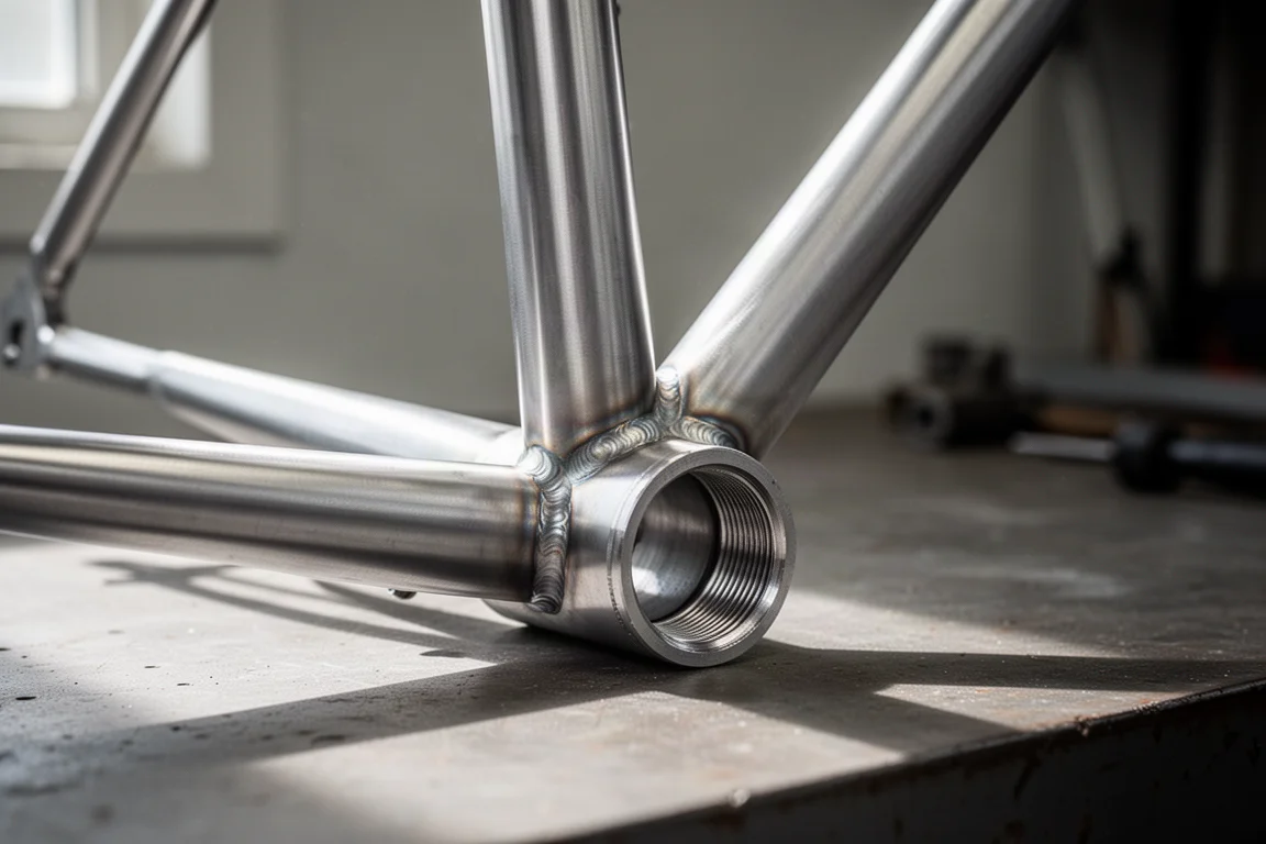 Närbild på en rå aluminiumram med snygga svetsfogar vid vevlagret