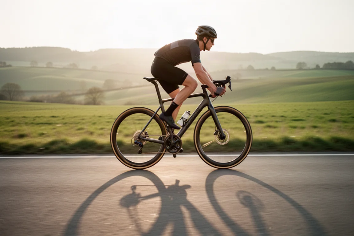 Rennradfahrer sprintet auf glattem, leerem Asphalt im warmen Abendlicht
