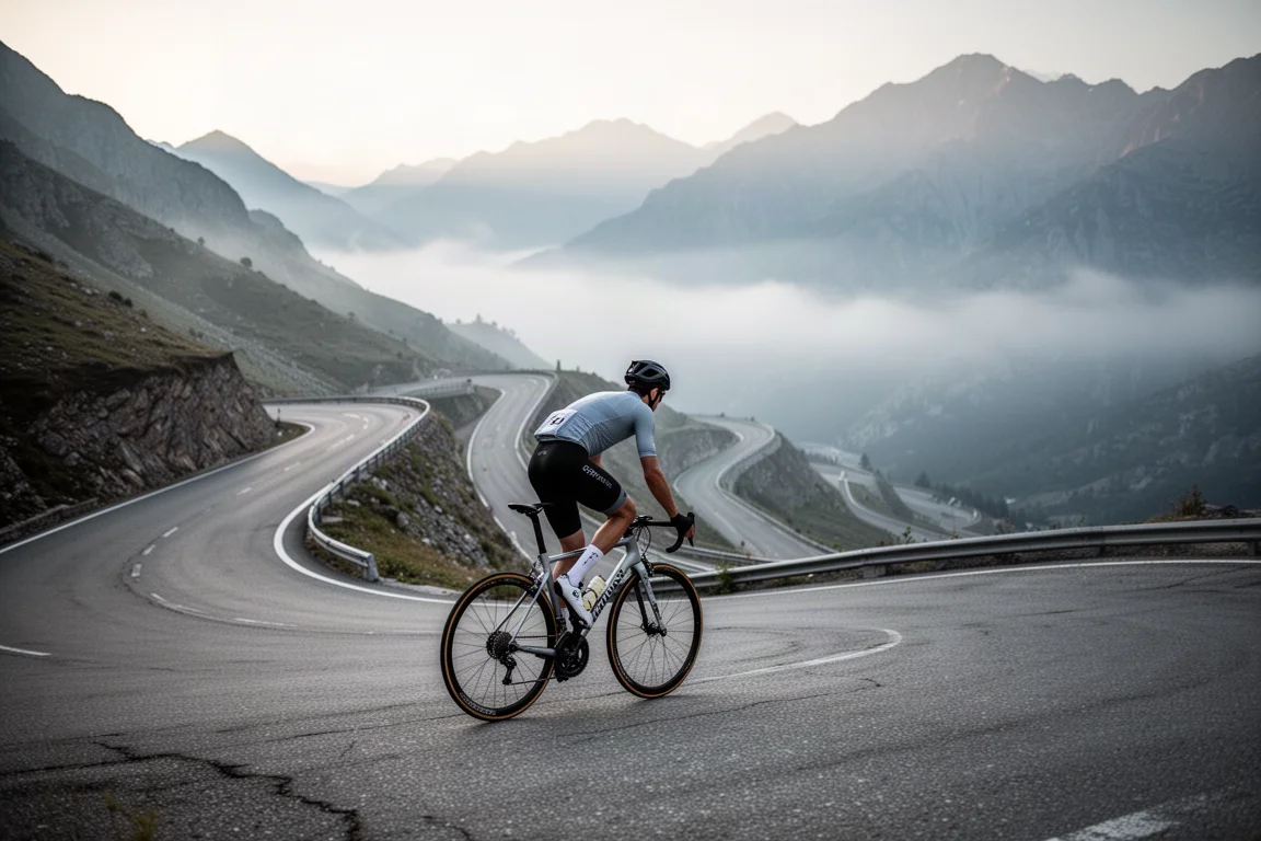 Radfahrer erklimmt am frühen Morgen eine steile Serpentinenstraße im Gebirge