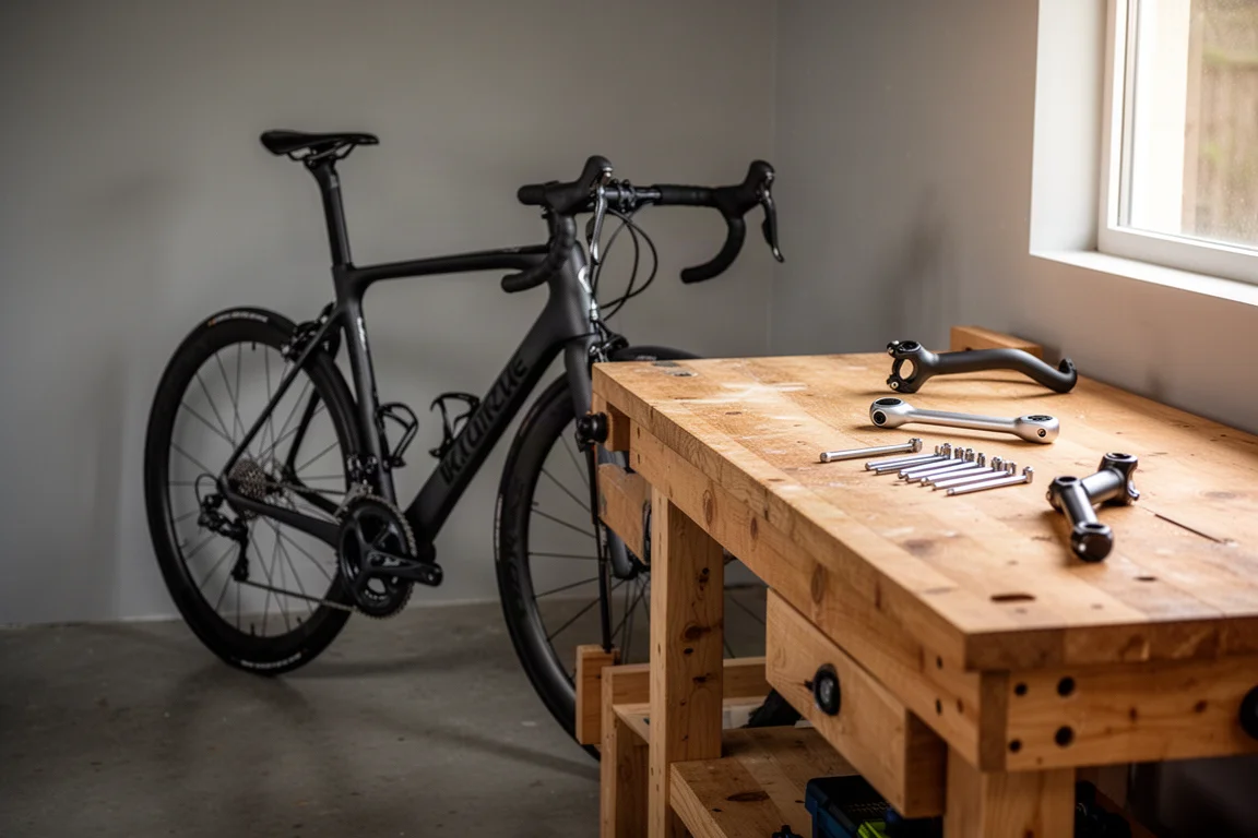 Rennrad lehnt an einer Werkbank, daneben Werkzeug